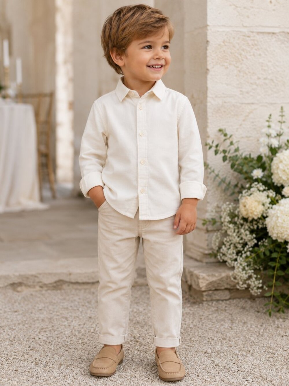 Zara Boys 3T Cream Button Up Shirt Neutral Long Sleeve Dress Shirt Toddler